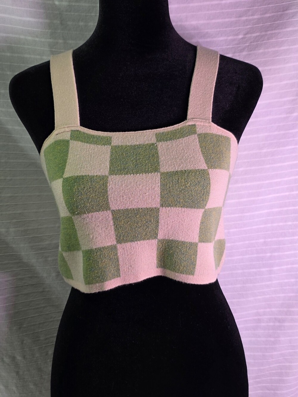 Altar'd State Green & Cream Checkerboard Knit Crop Tank, Med